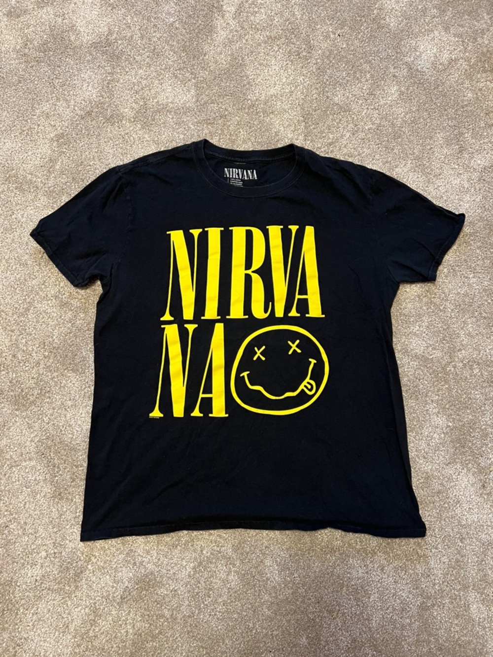 NIRVANA Black Unisex T-Shirt with Yellow Logo and Smiley Graphic